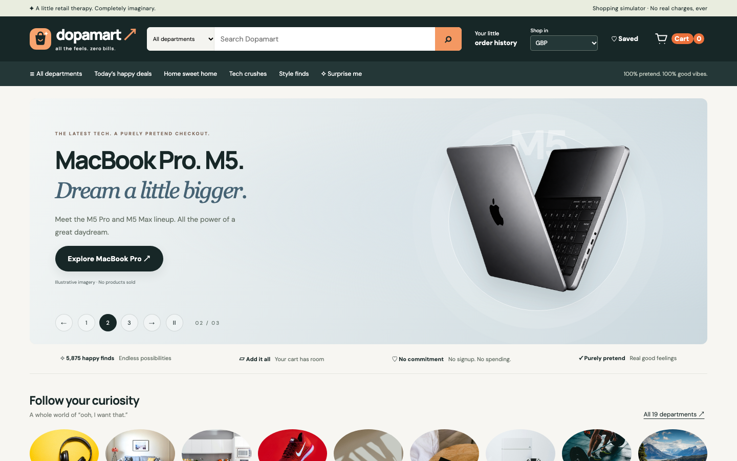 DopaMart homepage with storefront navigation and a fictional MacBook promotion