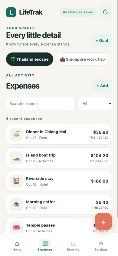 LifeTrak mobile expense list and filtering interface