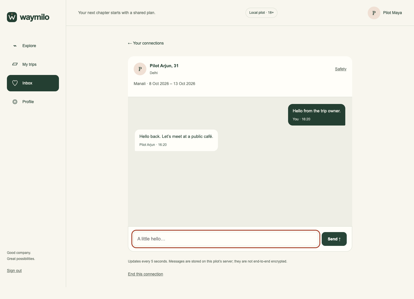 Waymilo private conversation interface