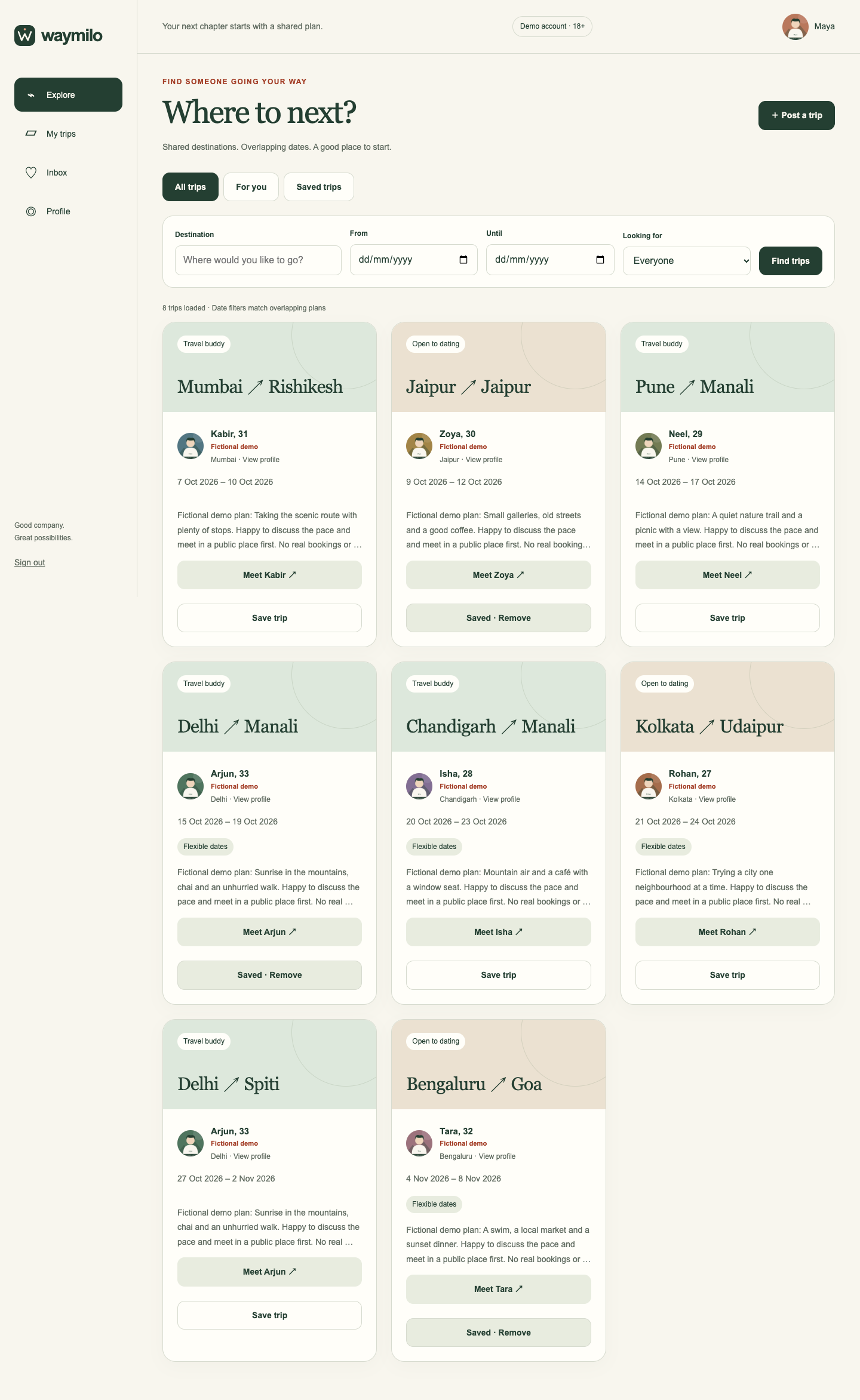Waymilo trip discovery interface with destination and date filters