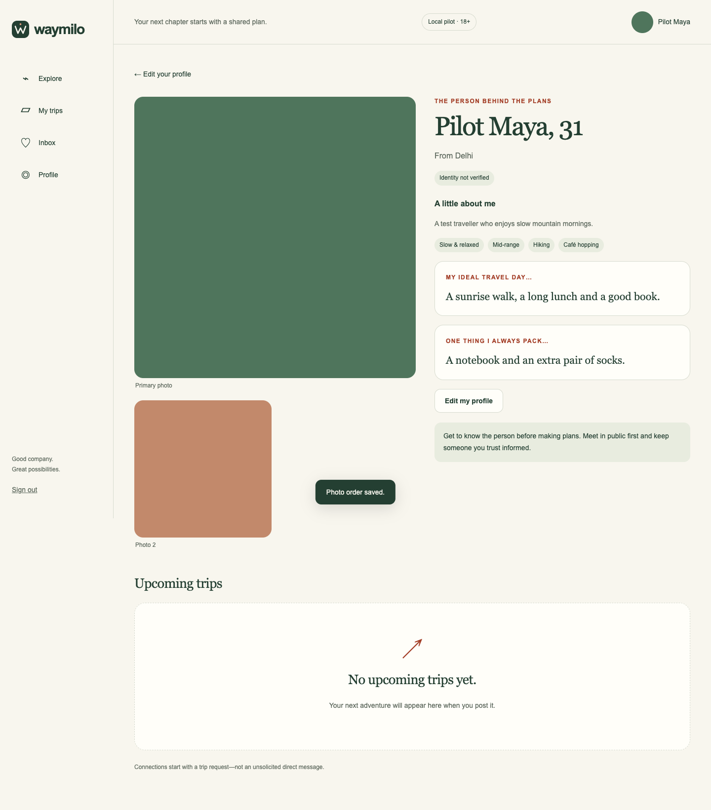 Waymilo traveller profile interface